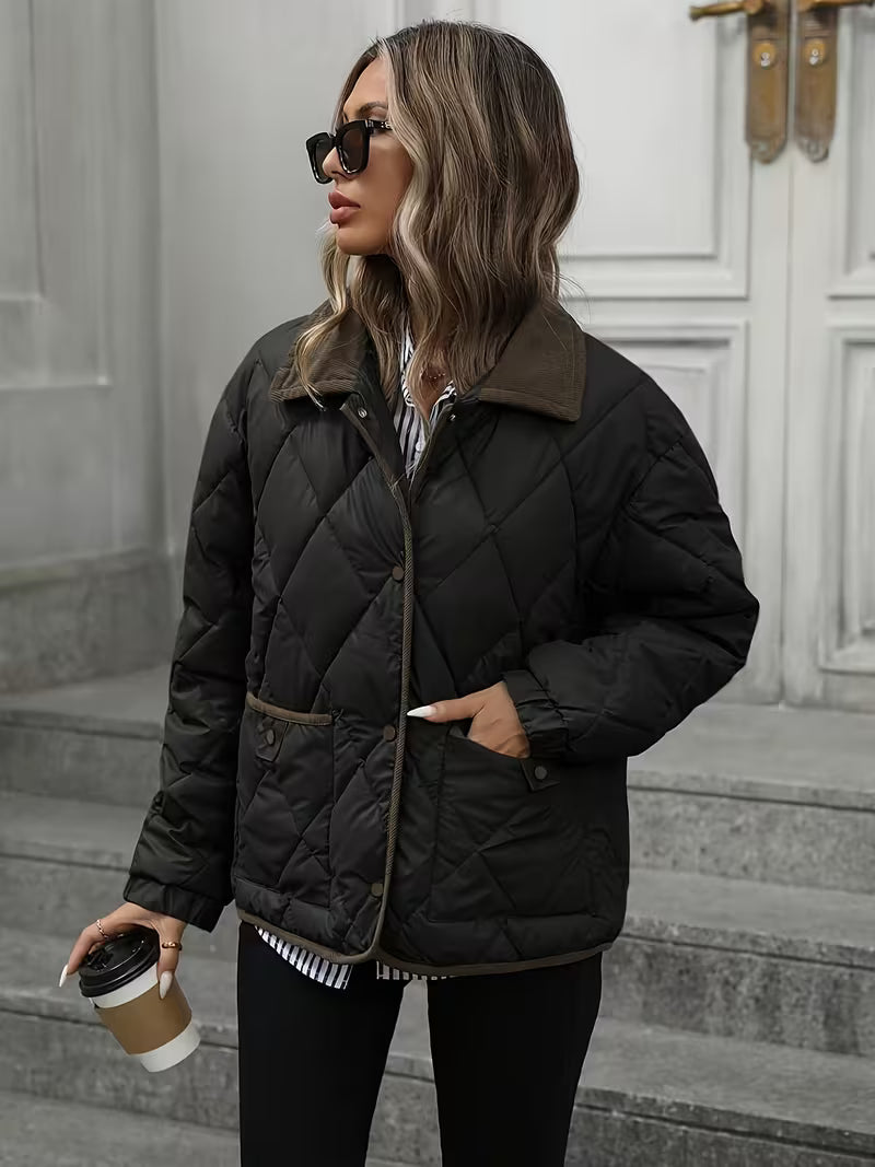 Women's Diamond Quilted Jacket with Corduroy Collar and Snap Front