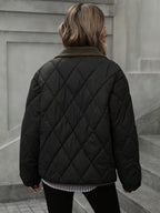 Women's Diamond Quilted Jacket with Corduroy Collar and Snap Front