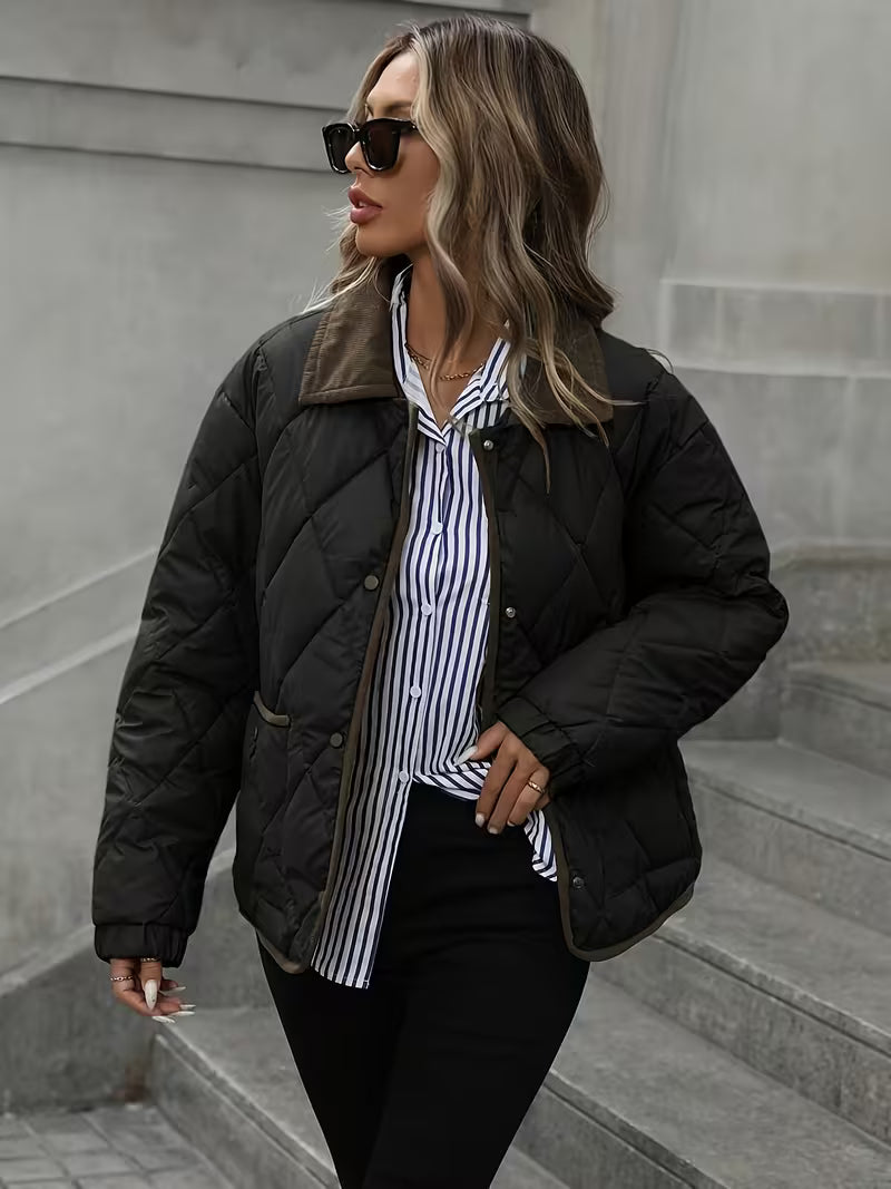 Women's Diamond Quilted Jacket with Corduroy Collar and Snap Front