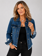 Women's Distressed Denim Jacket with Button Front and Pockets