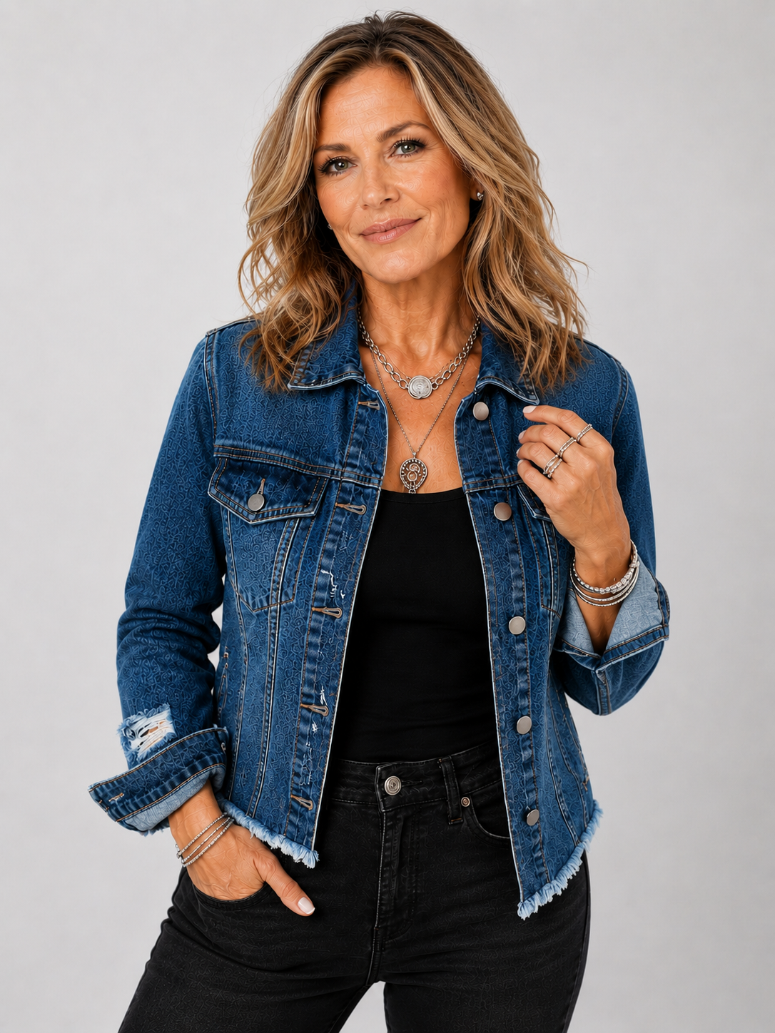 Women's Distressed Denim Jacket with Button Front and Pockets