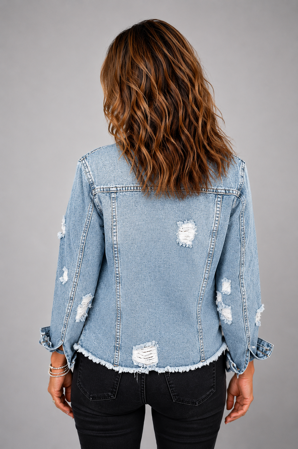 Women's Distressed Denim Jacket with Button Front and Pockets