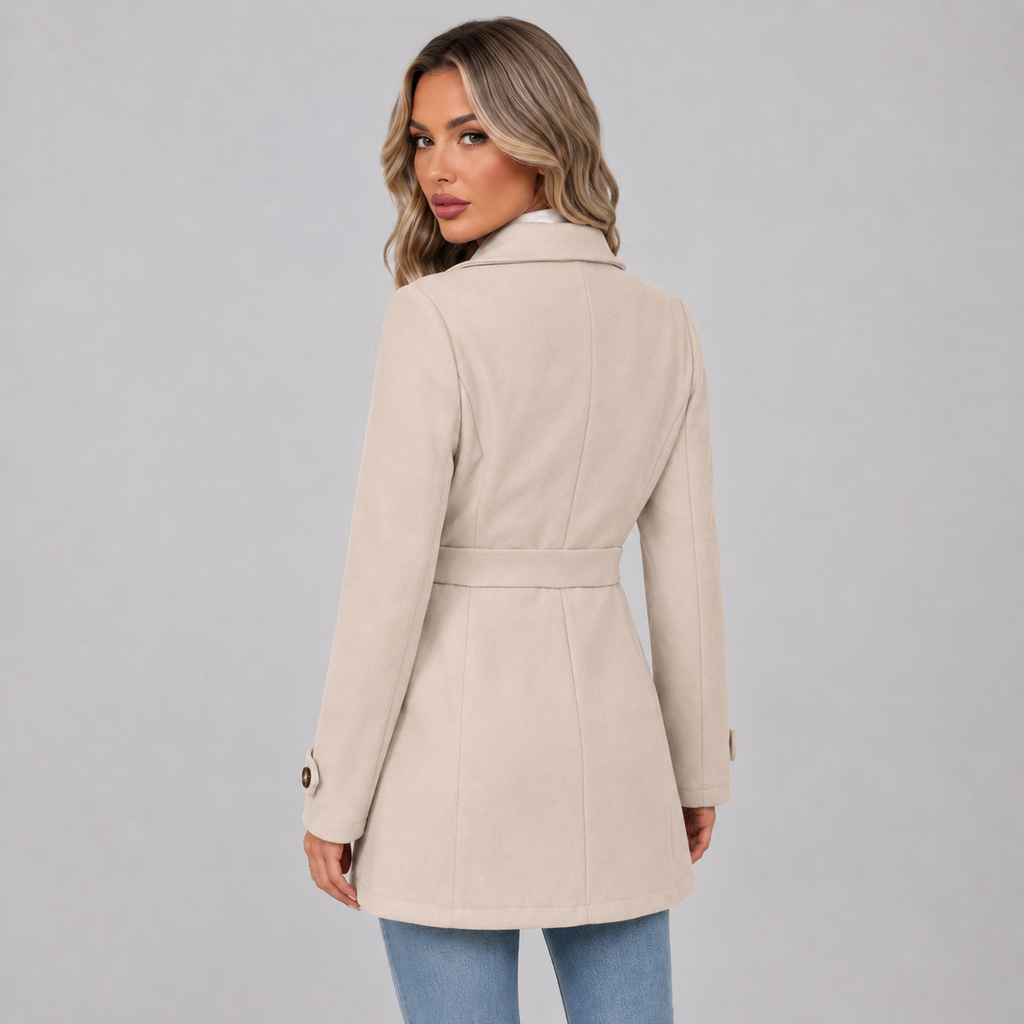 Women's Double Breasted Coat with Lapel Collar and Belt