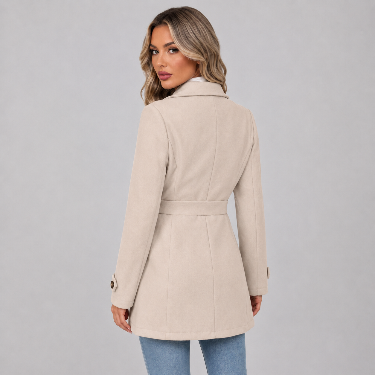 Women's Double Breasted Coat with Lapel Collar and Belt