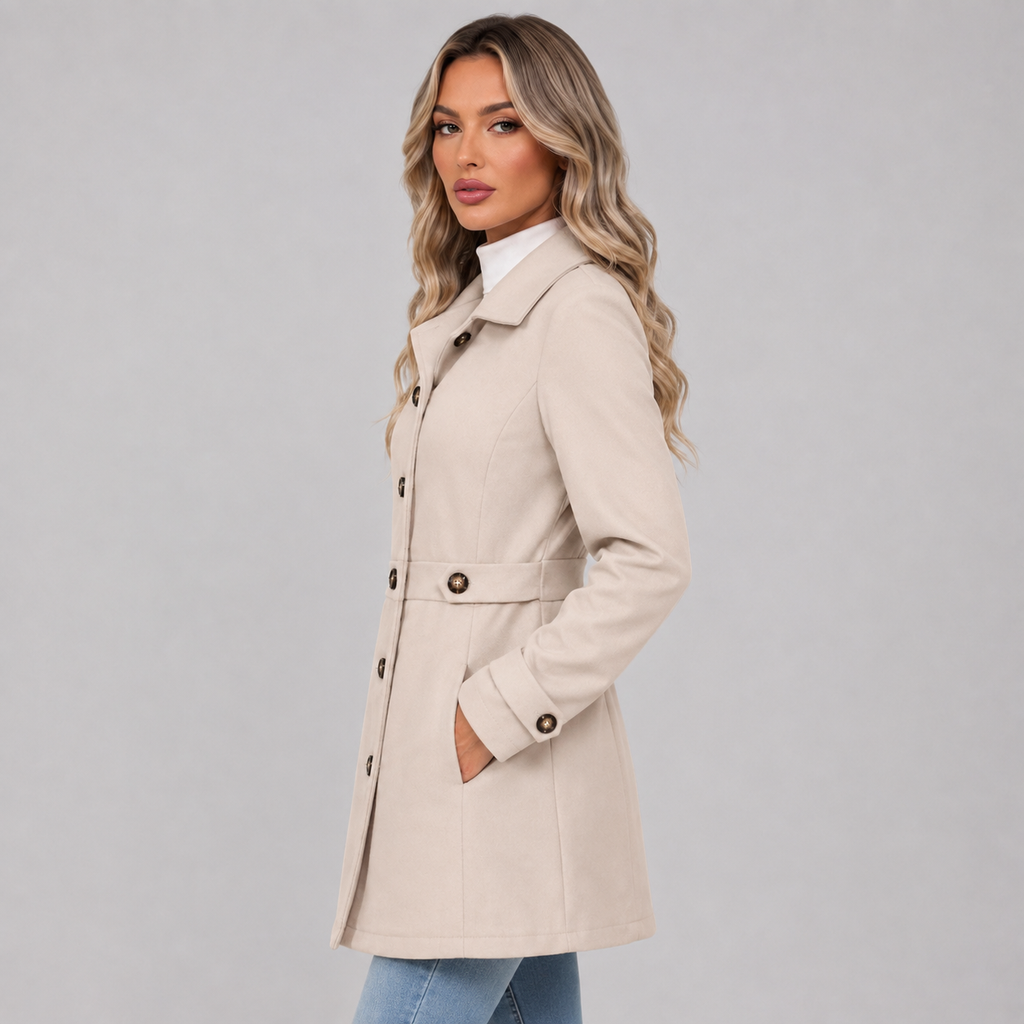 Women's Double Breasted Coat with Lapel Collar and Belt