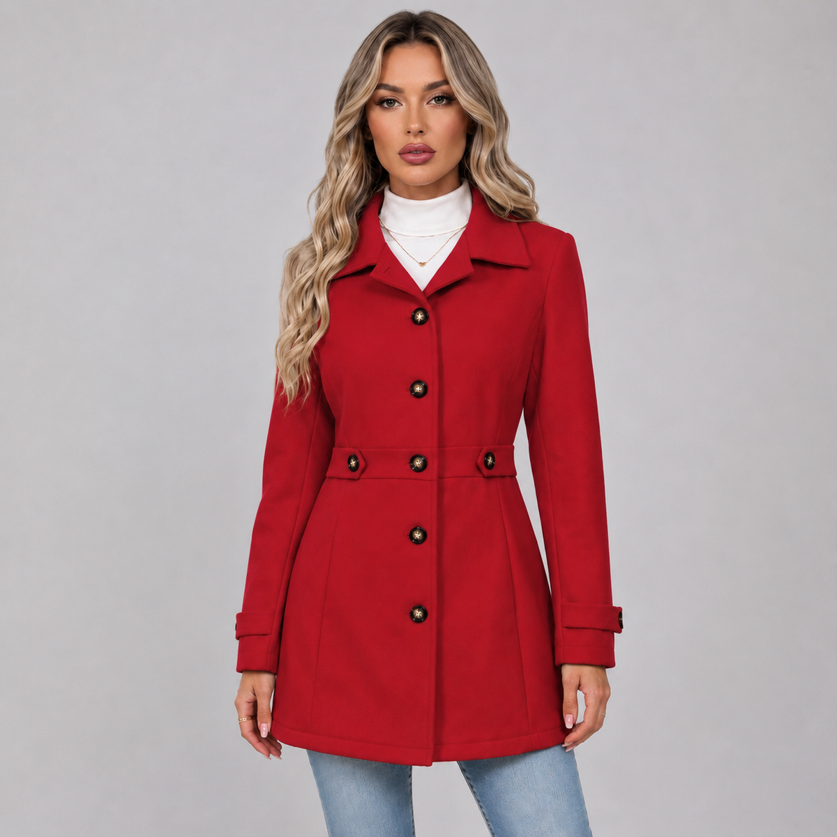 Women's Double Breasted Coat with Lapel Collar and Belt