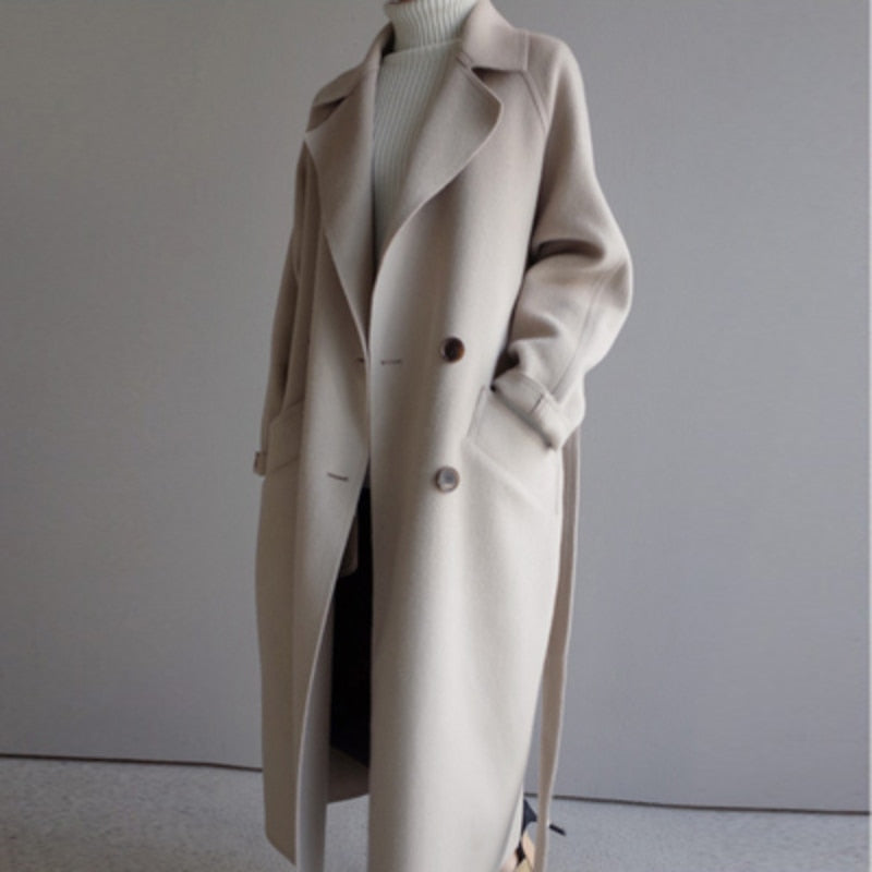 Women's Double Breasted Longline Coat with Belt and Notch Lapels