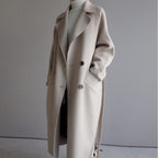 Women's Double Breasted Longline Coat with Belt and Notch Lapels