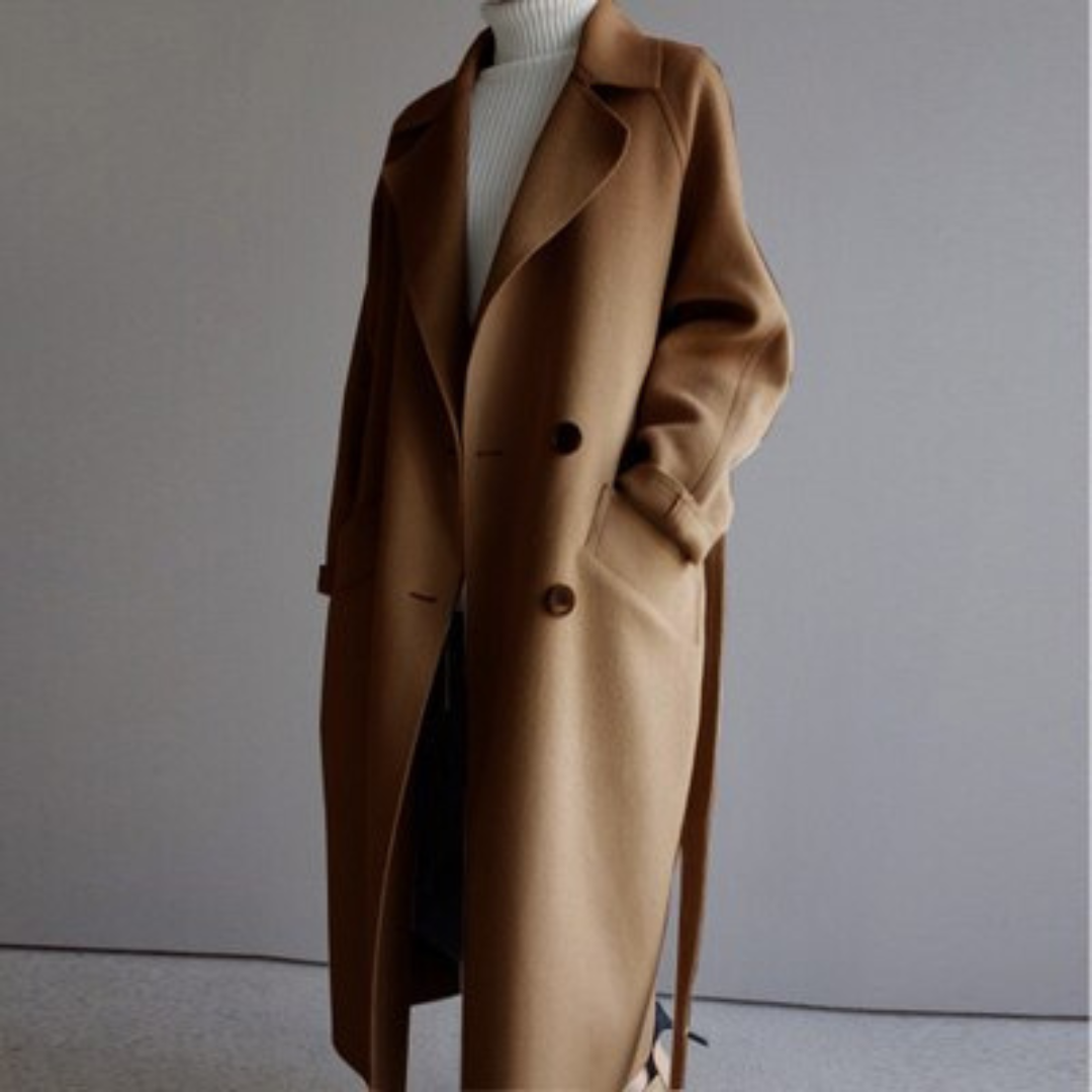 Women's Double Breasted Longline Coat with Belt and Notch Lapels