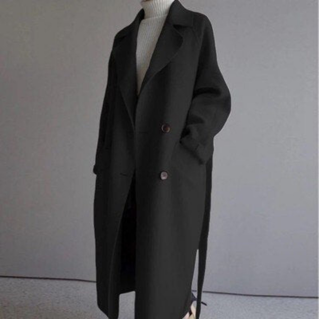 Women's Double Breasted Longline Coat with Belt and Notch Lapels