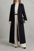 Women's Double Breasted Longline Coat with Lapel Collar and Button Front