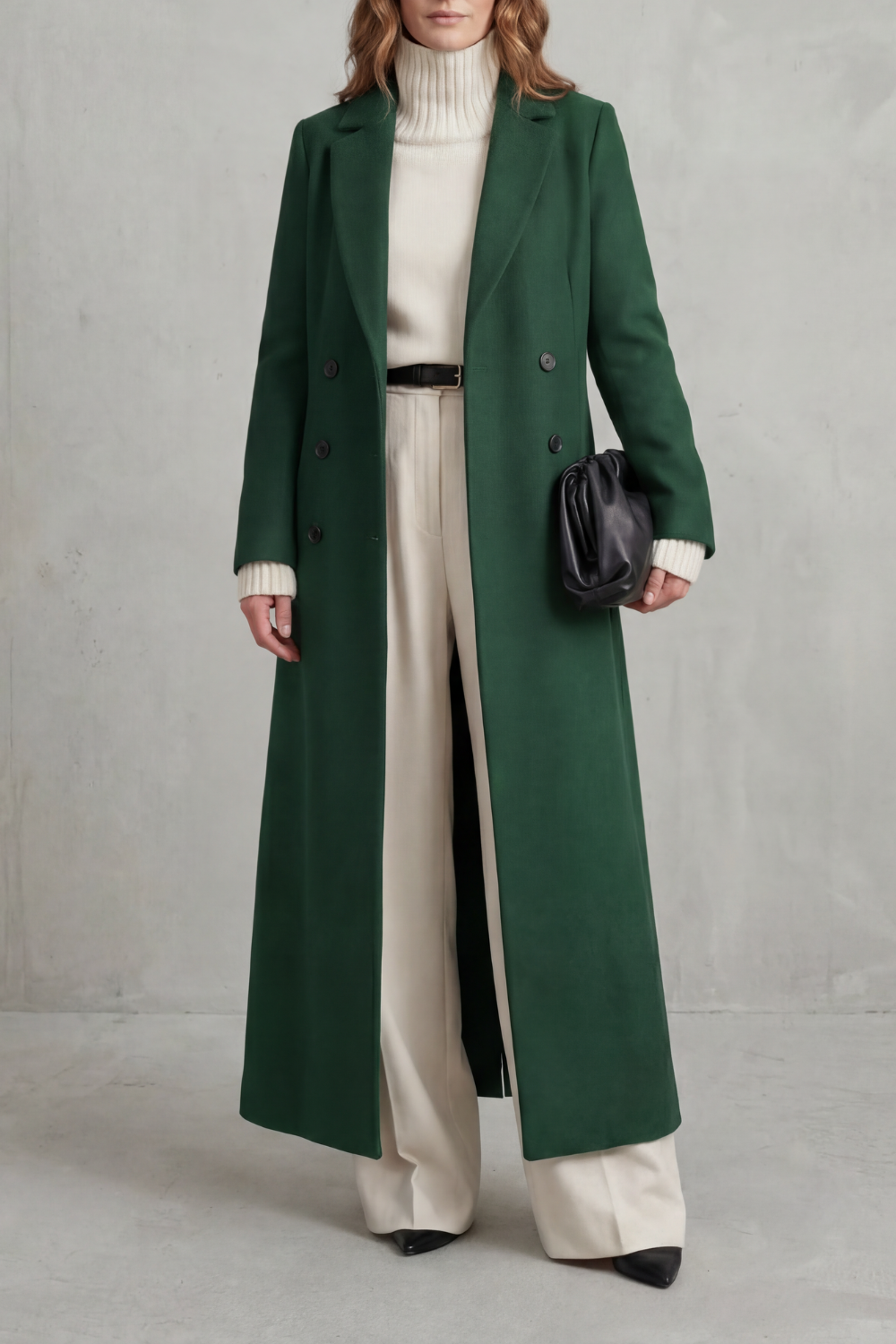 Women's Double Breasted Longline Coat with Lapel Collar and Button Front