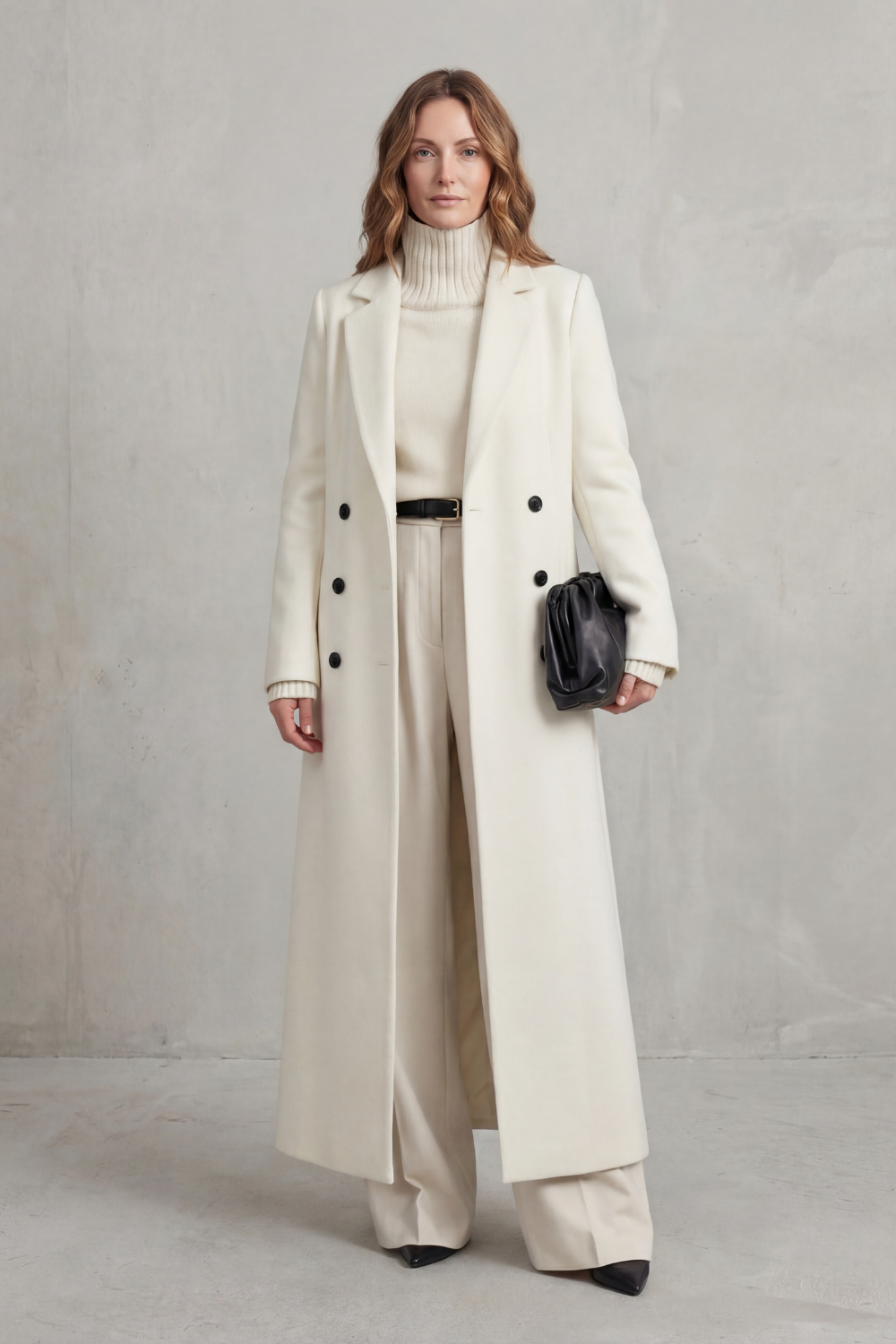 Women's Double Breasted Longline Coat with Lapel Collar and Button Front