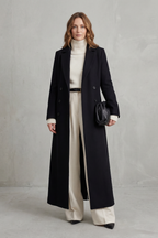 Women's Double Breasted Longline Coat with Lapel Collar and Button Front