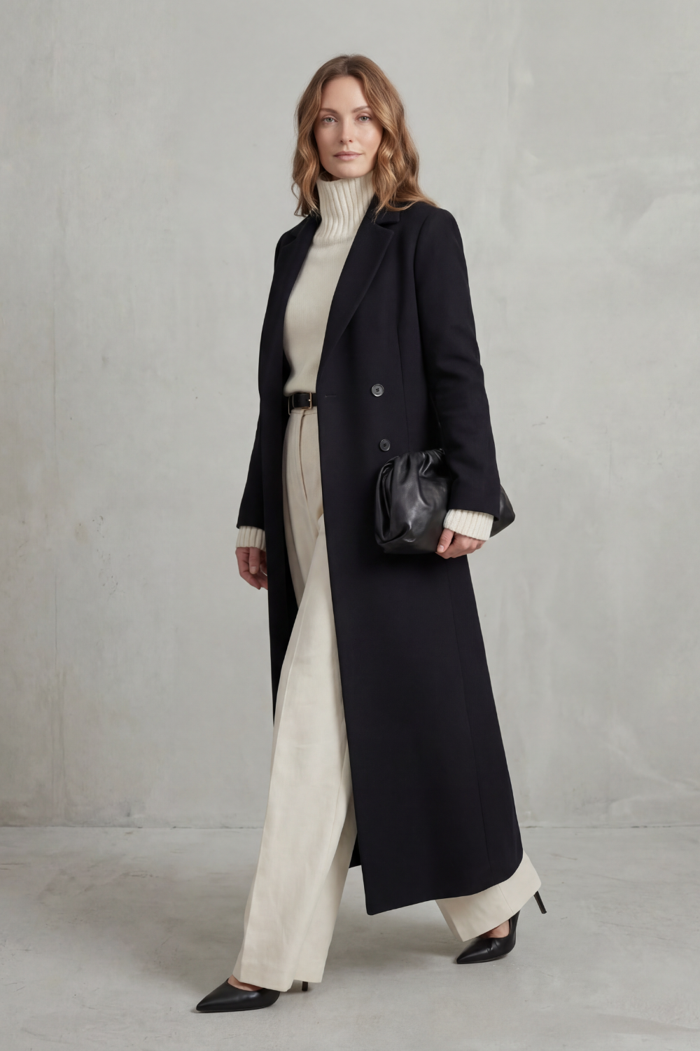 Women's Double Breasted Longline Coat with Lapel Collar and Button Front