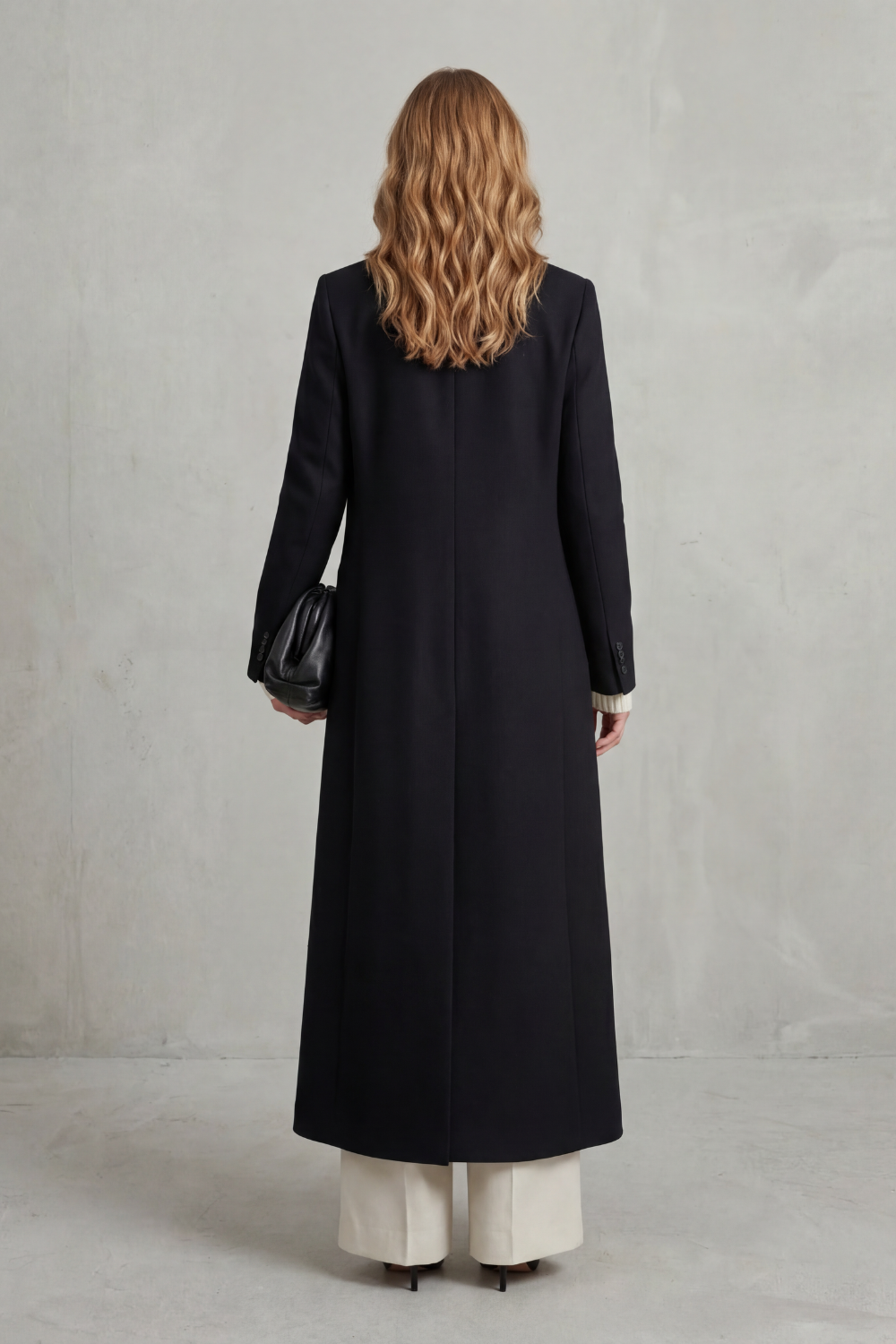 Women's Double Breasted Longline Coat with Lapel Collar and Button Front
