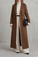 Women's Double Breasted Longline Coat with Lapel Collar and Button Front