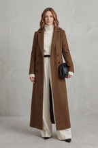 Women's Double Breasted Longline Coat with Lapel Collar and Button Front