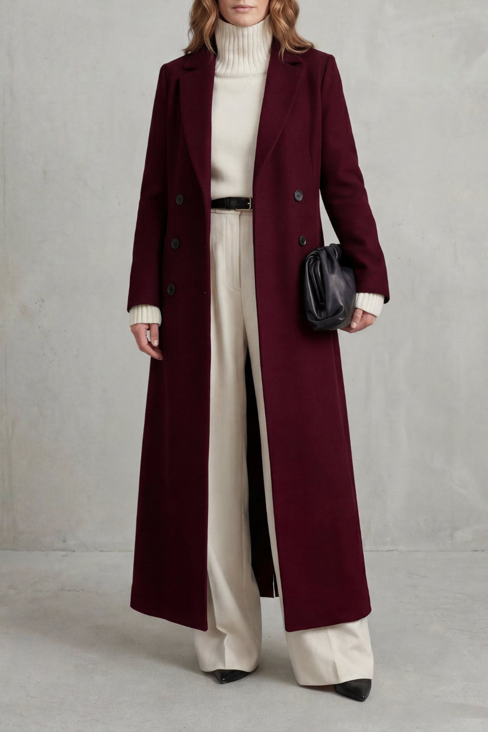 Women's Double Breasted Longline Coat with Lapel Collar and Button Front