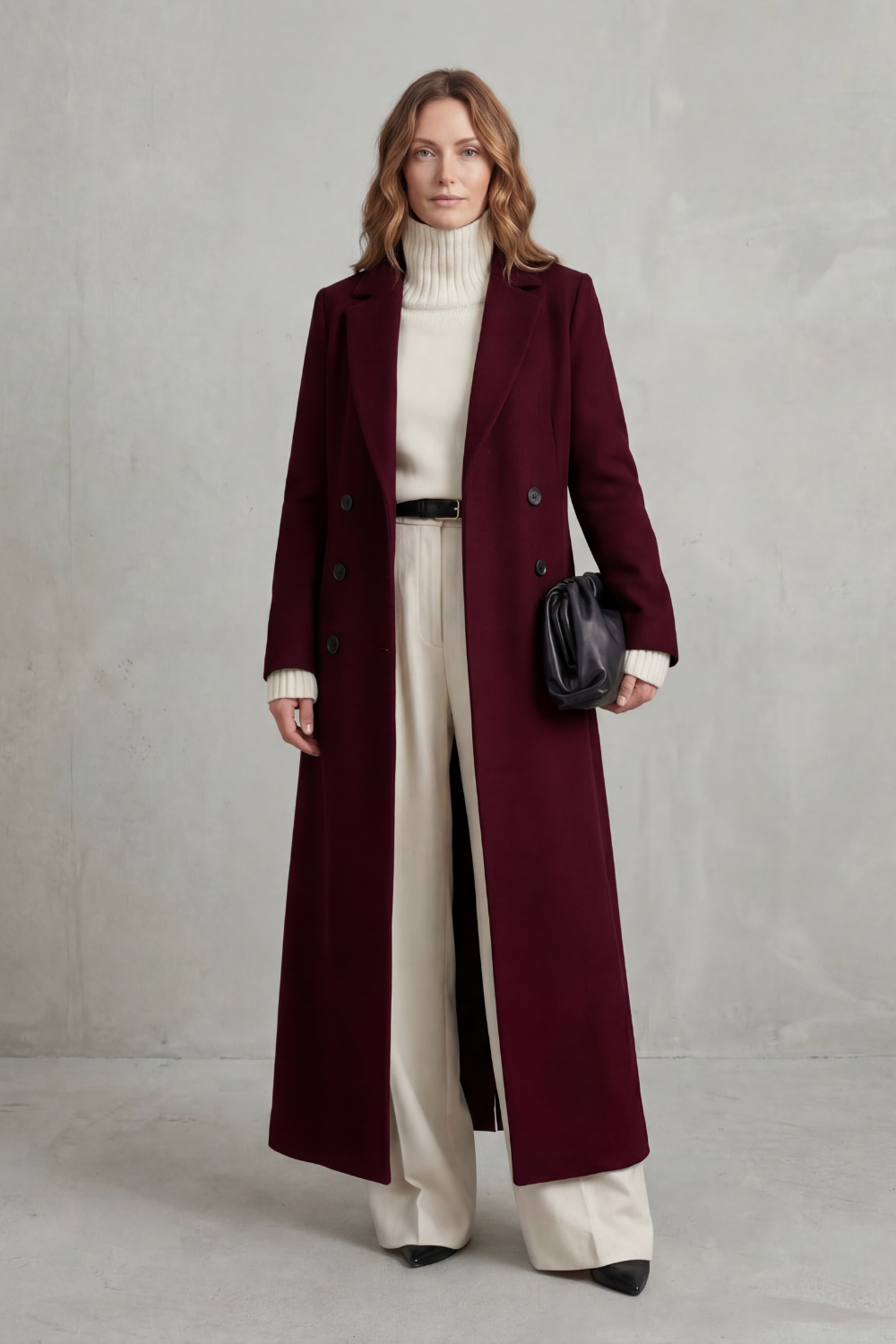 Women's Double Breasted Longline Coat with Lapel Collar and Button Front
