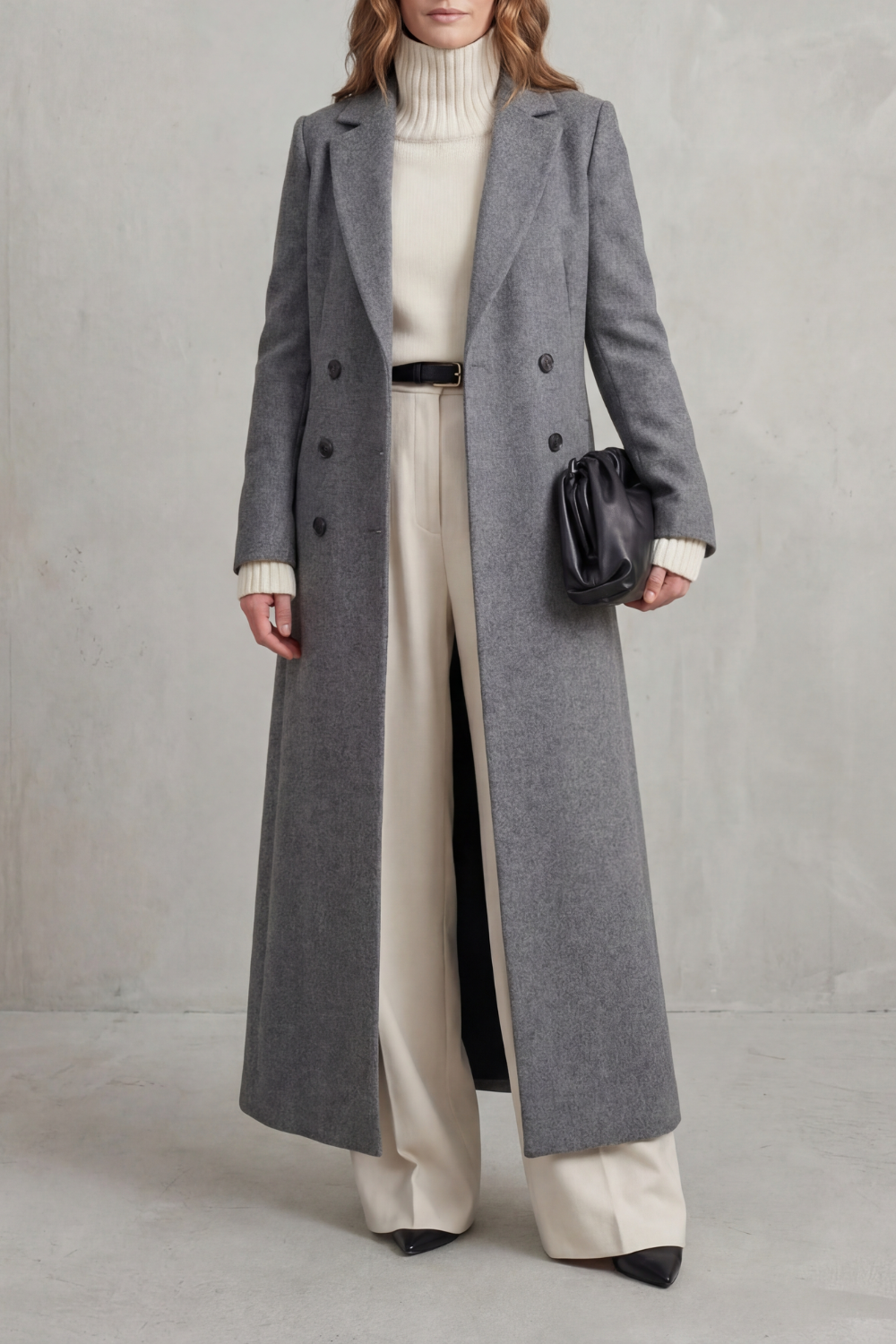 Women's Double Breasted Longline Coat with Lapel Collar and Button Front