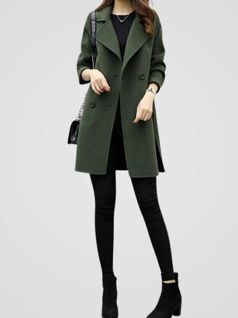 Women's Double Breasted Longline Coat with Notch Lapels