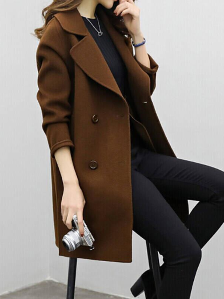 Women's Double Breasted Longline Coat with Notch Lapels