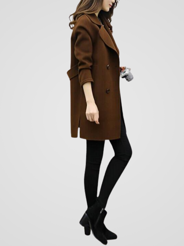 Women's Double Breasted Longline Coat with Notch Lapels