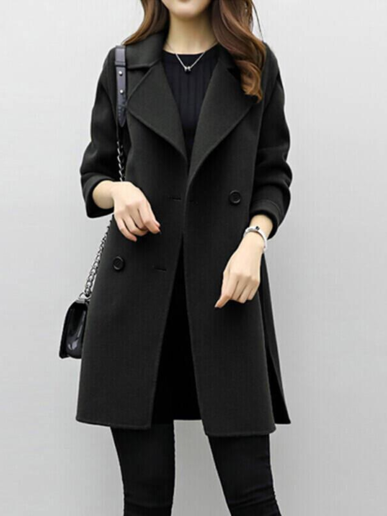 Women's Double Breasted Longline Coat with Notch Lapels