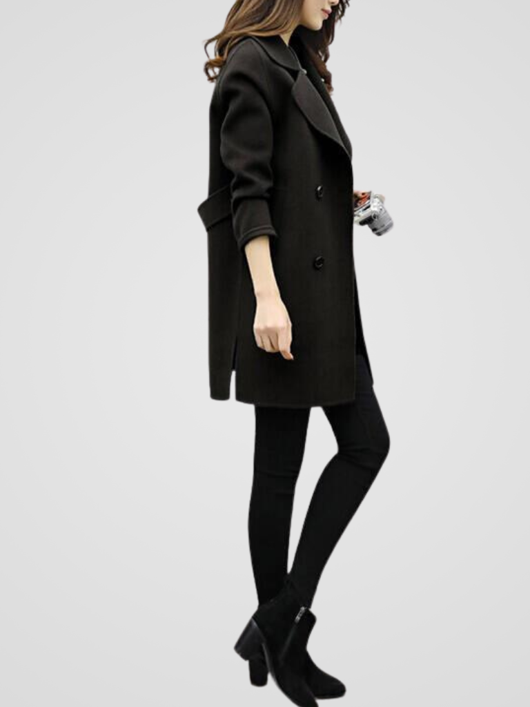 Women's Double Breasted Longline Coat with Notch Lapels