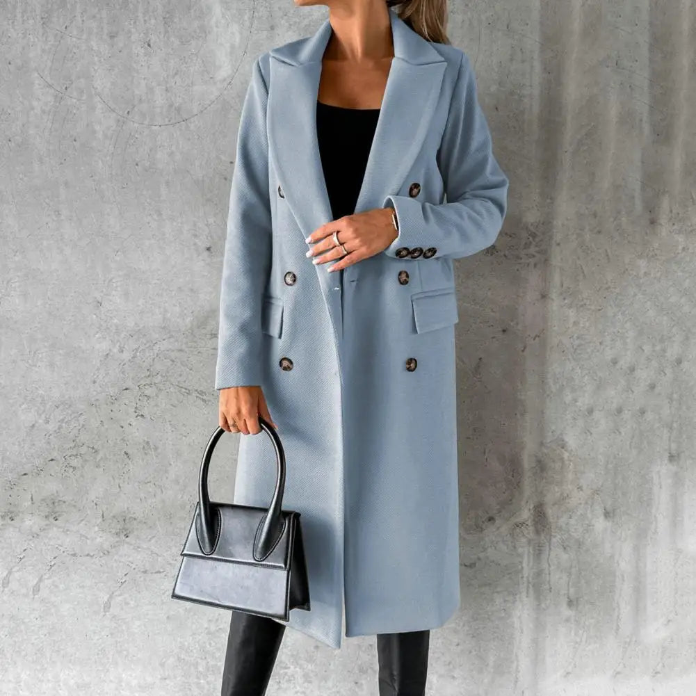 Women's Longline Wool Look Coat with Double Breasted Front