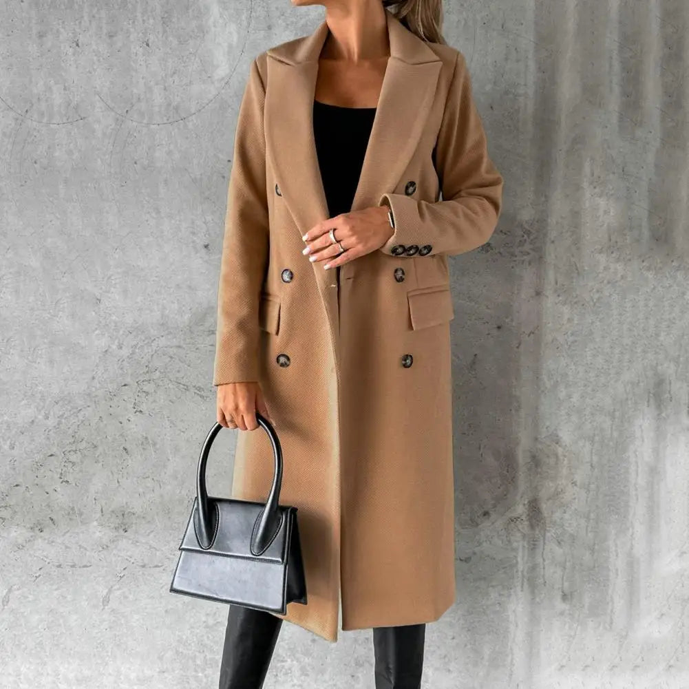 Women's Longline Wool Look Coat with Double Breasted Front
