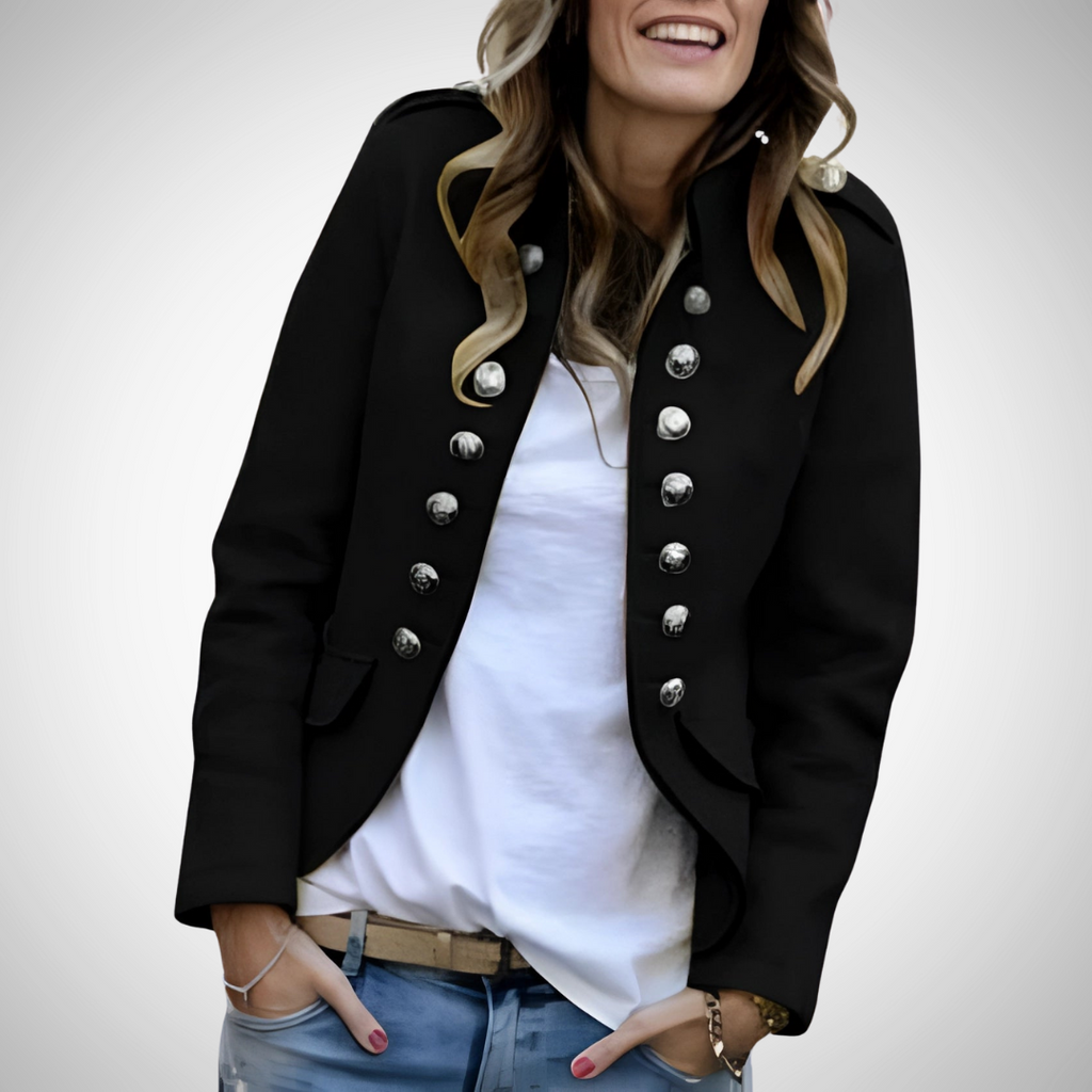 Women's Double Breasted Military Jacket with Stand Collar