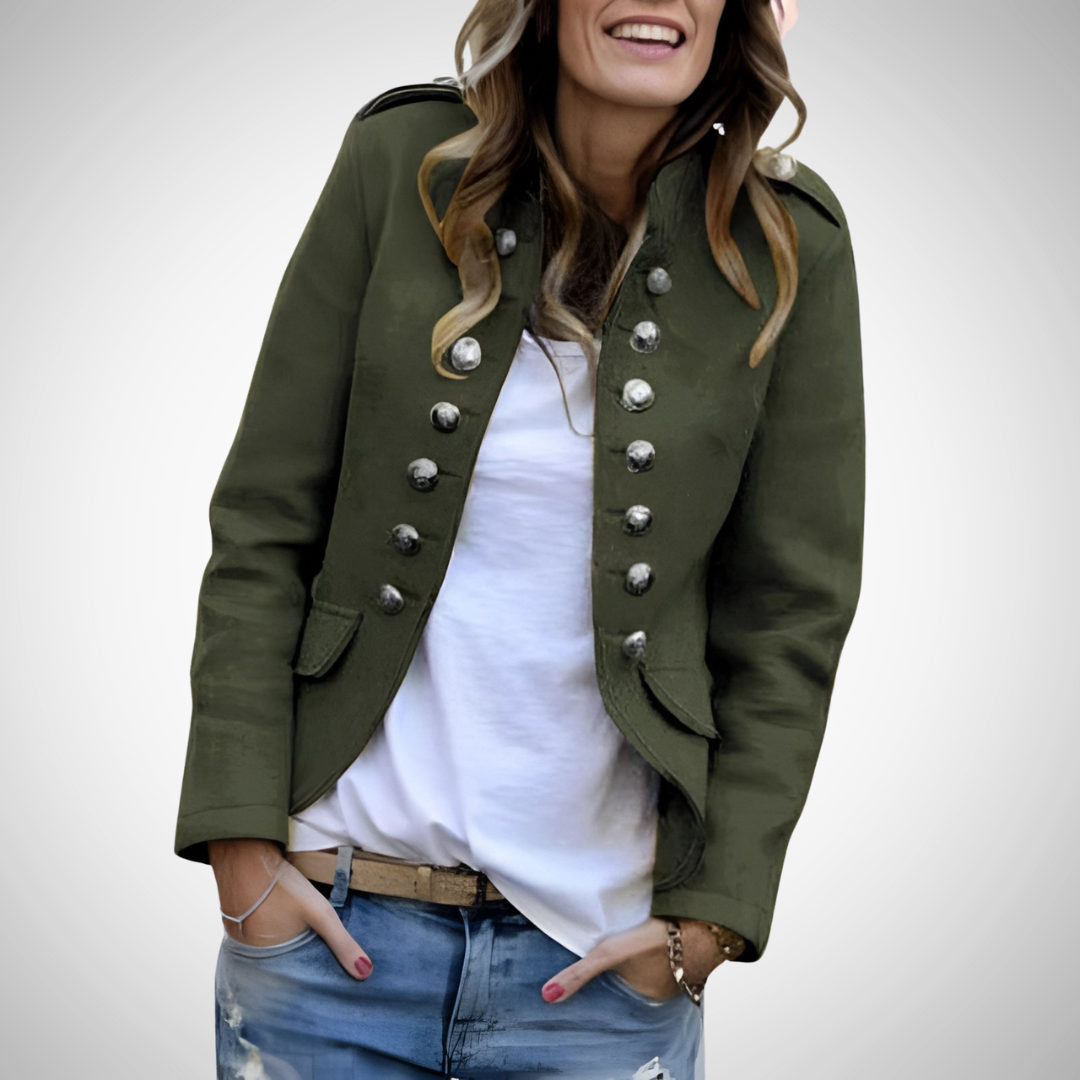 Women's Double Breasted Military Jacket with Stand Collar