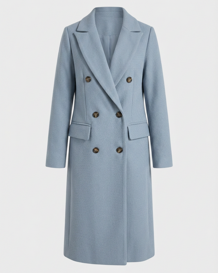 Women's Double Breasted Longline Trench Coat with Notch Lapel