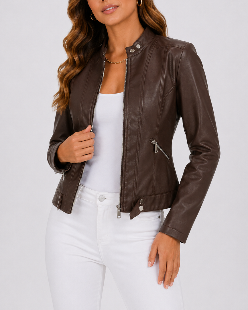 Women's Faux Leather Biker Jacket | Classic Zip Pocket Moto Style