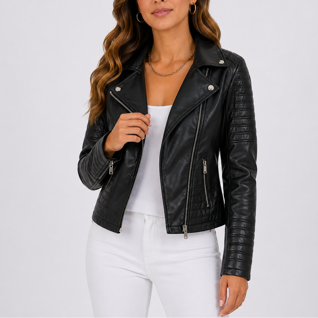 Women's Faux Leather Biker Jacket | Asymmetric Zip Lapel Moto Style