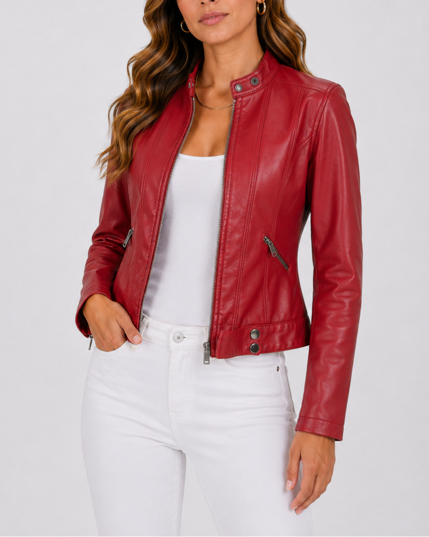 Women's Faux Leather Biker Jacket | Classic Zip Pocket Moto Style
