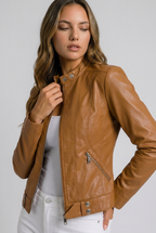 Women's Fitted Leather Style Jacket with Stand Collar and Zip Front