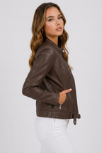 Women's Fitted Leather Style Jacket with Stand Collar and Zip Front