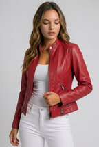 Women's Fitted Leather Style Jacket with Stand Collar and Zip Front