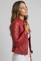Women's Fitted Leather Style Jacket with Stand Collar and Zip Front