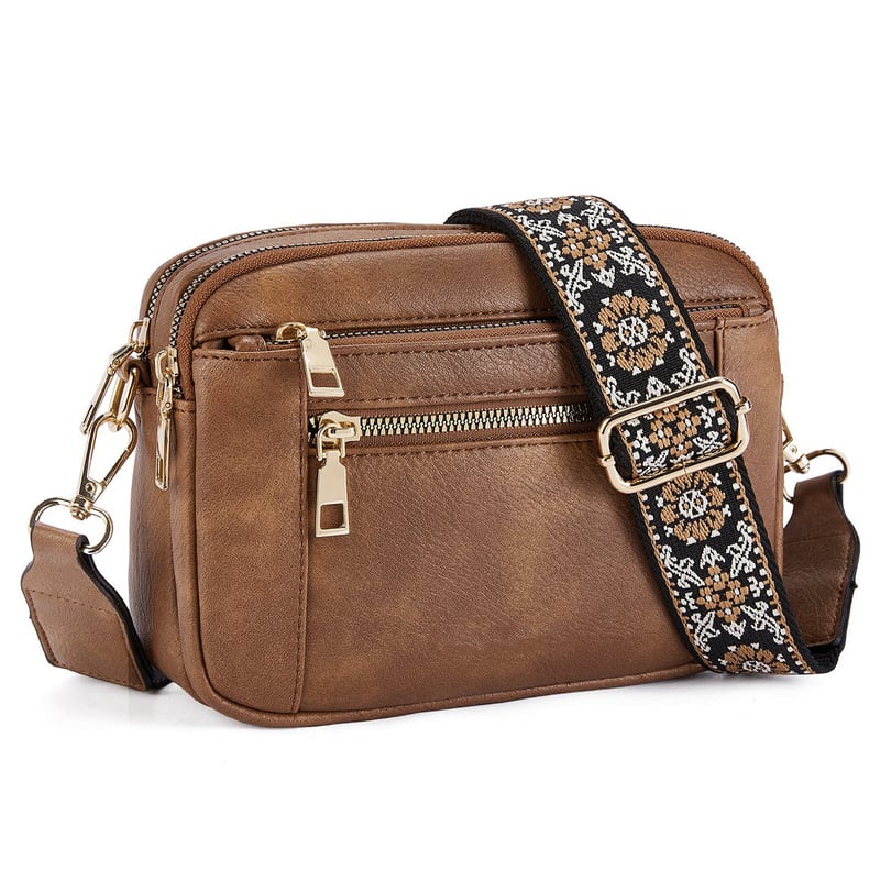 Women's Faux Leather Camera Crossbody Bag with Guitar Strap