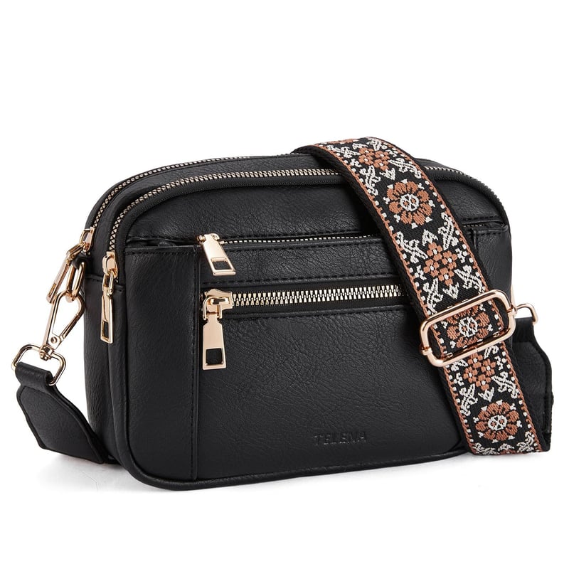 Women's Faux Leather Camera Crossbody Bag with Guitar Strap