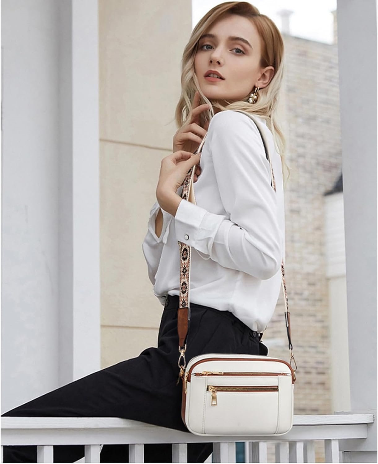 Women's Faux Leather Camera Crossbody Bag with Guitar Strap