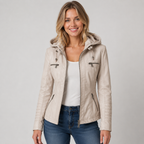 Women's Leather Style Jacket with Hood and Zip Pockets