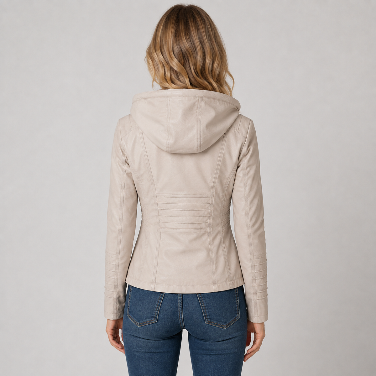 Women's Leather Style Jacket with Hood and Zip Pockets
