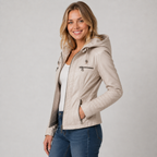 Women's Leather Style Jacket with Hood and Zip Pockets