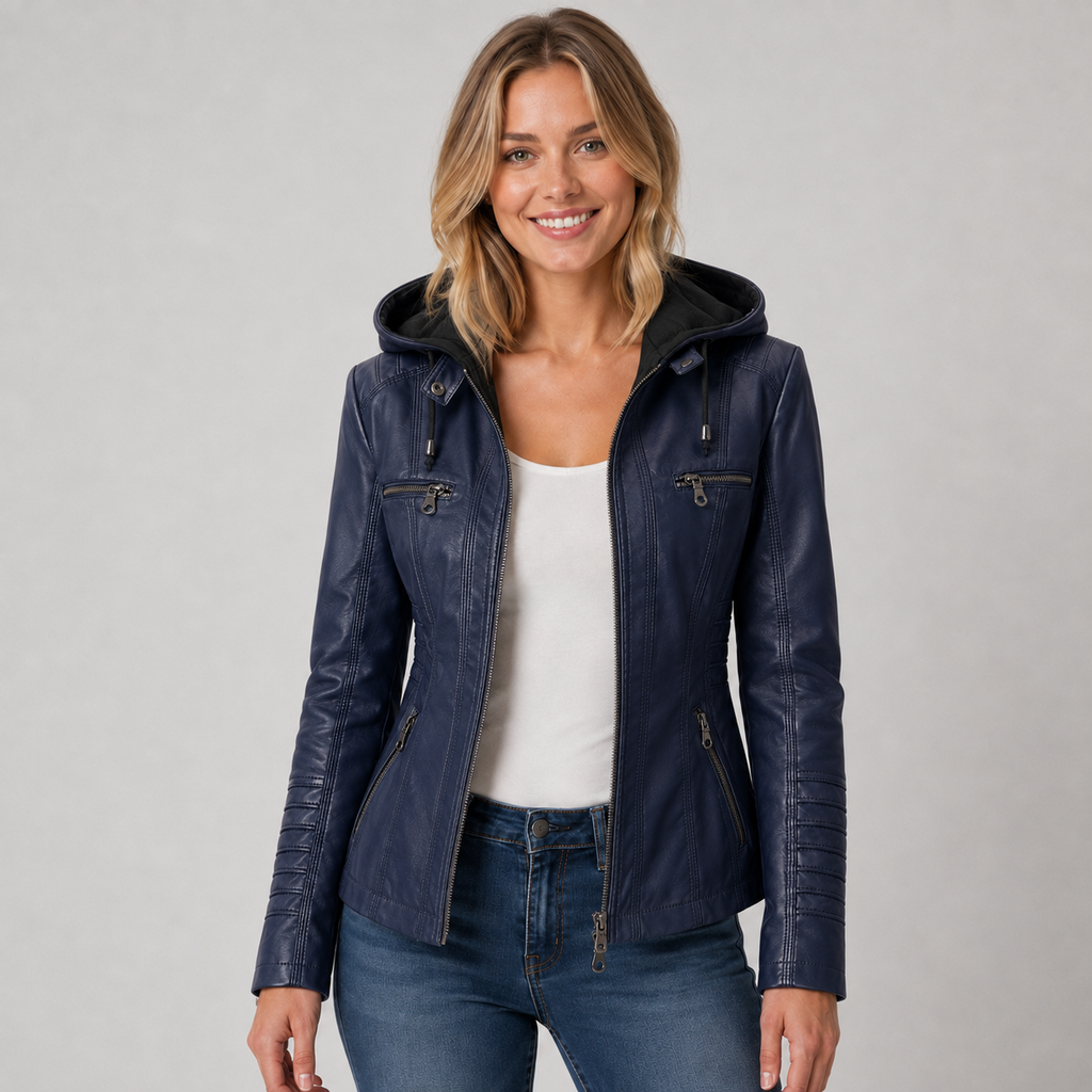 Women's Leather Style Jacket with Hood and Zip Pockets