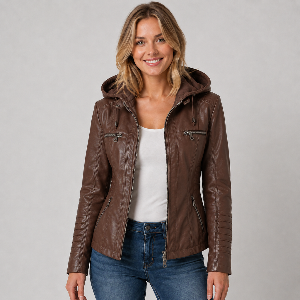 Women's Leather Style Jacket with Hood and Zip Pockets